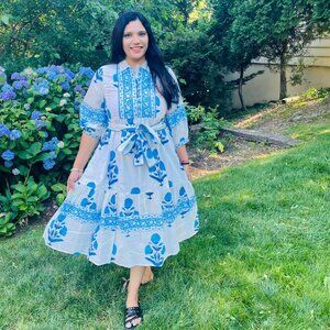 BRAND NEW Hand Block Printed Dress White & Blue Dress Summer Midi Dress Gift Him